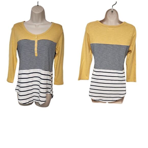 Maurices Colorblock Stripe Yellow White Navy Blue 24/7 Long Sleeve Henley Tee - Picture 2 of 7